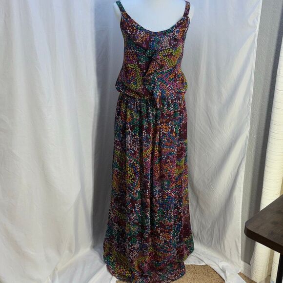 Long Tall Sally LTS Polka dot maxi dress ruffle front Sz 12 mosaic confetti - Picture 3 of 10